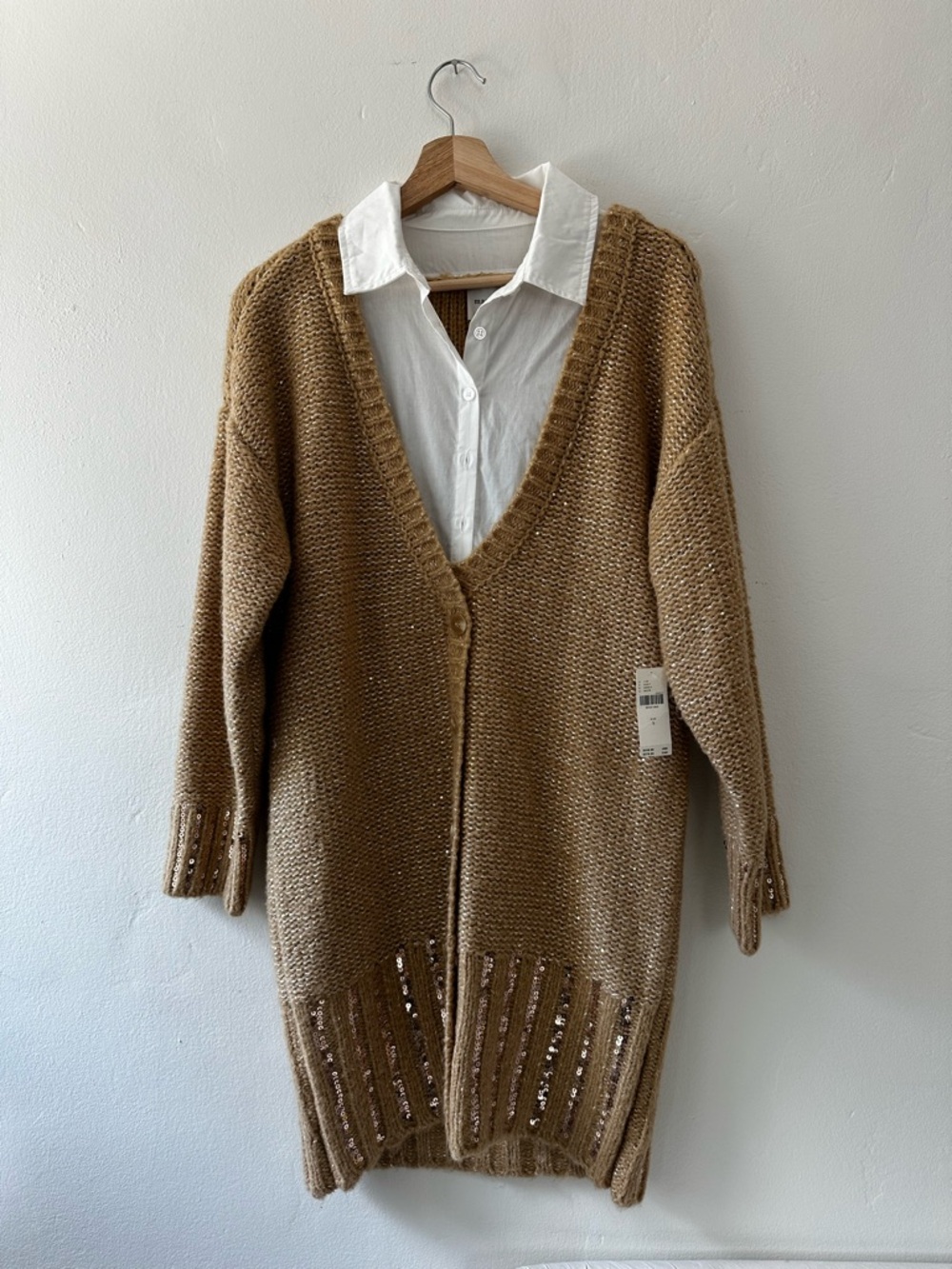 Maeve Sequin-Hem Tan Longline V-Neck Cardigan